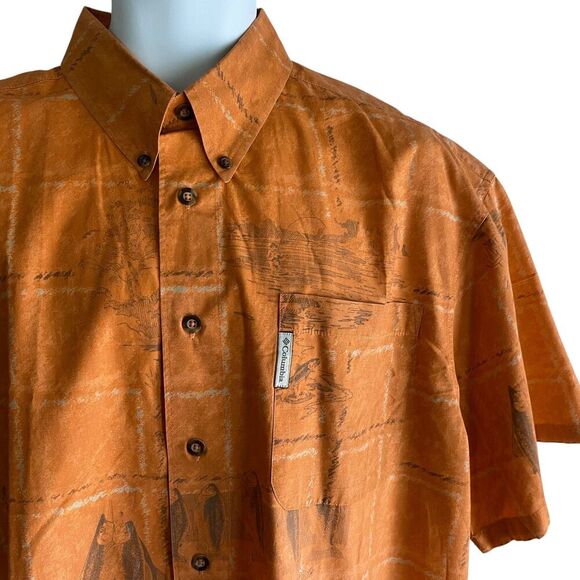 Columbia River Lodge Shirt Mens XL Orange Fishing Print Button Up Short Sleeve - Picture 2 of 8